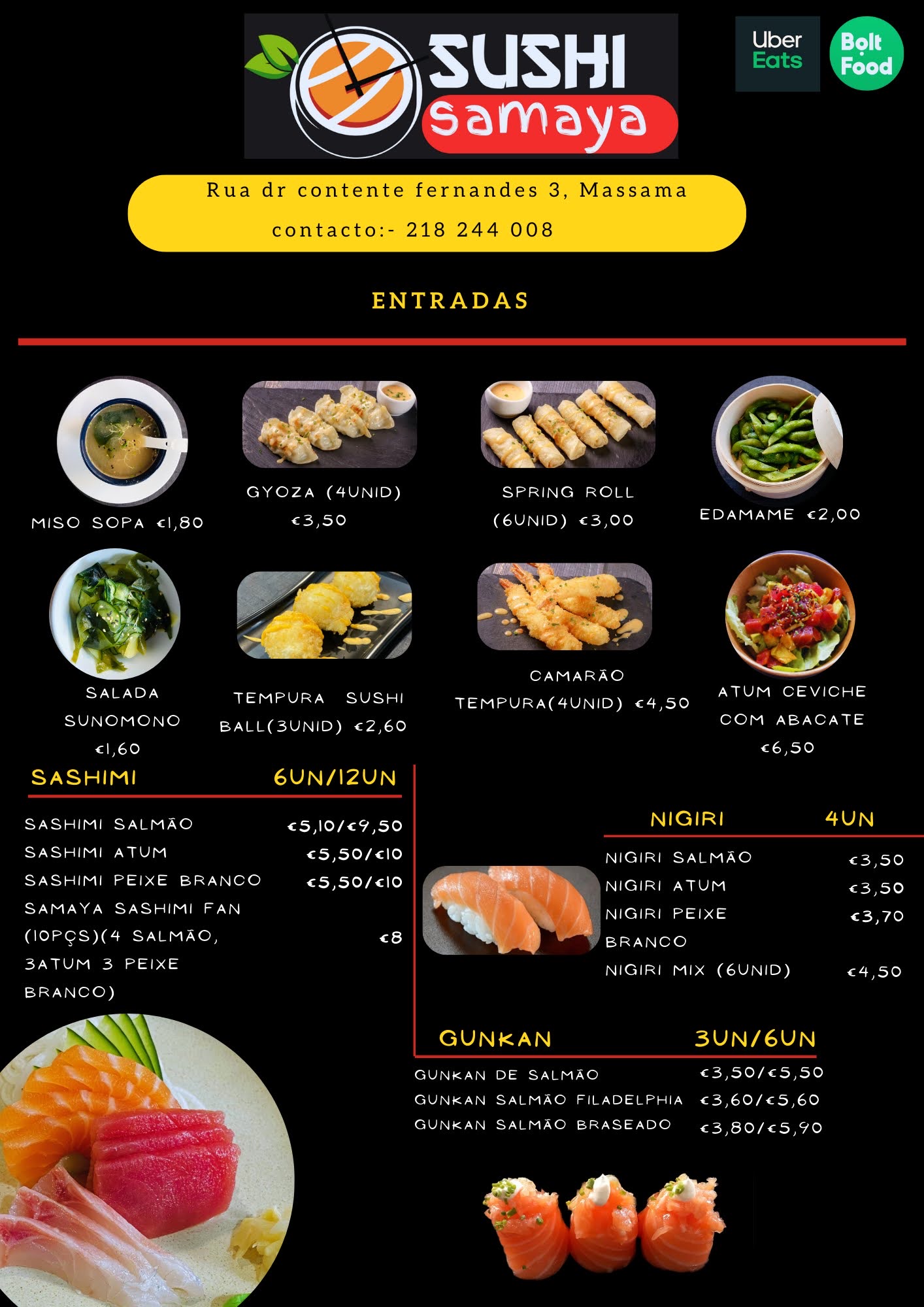 Menu Entradas, Sashimi, Nigiri, Gunkan