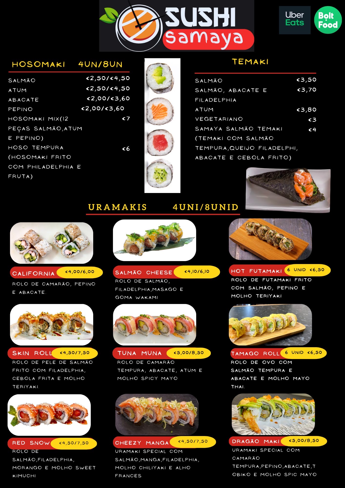 Menu Hosomaki, Temaki, Uramakis